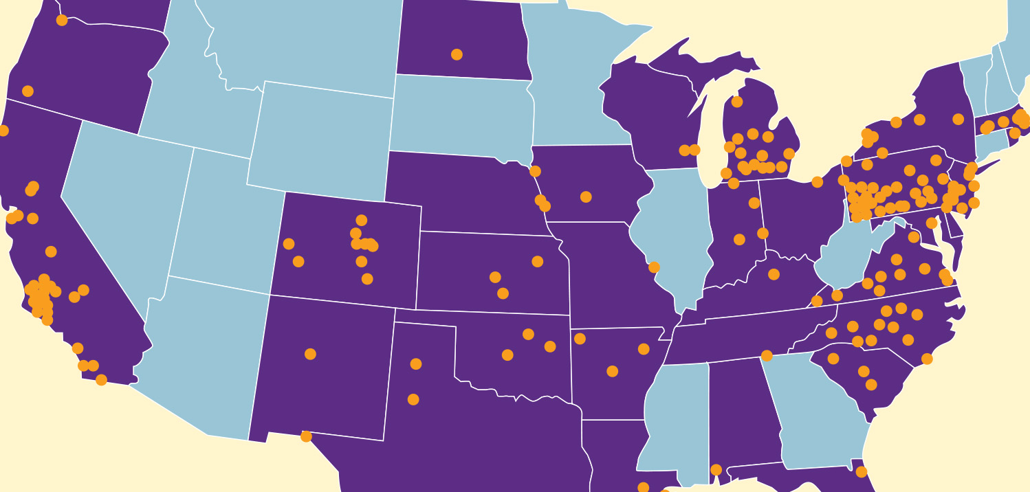 US map showing dots where PACE programs are